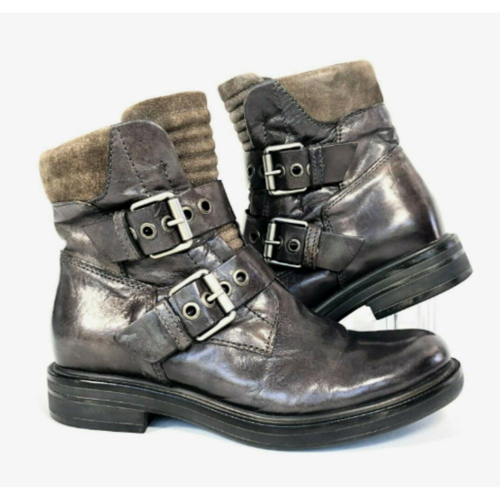 MJUS 54402 Leather Moto Ankle Boots Buckle Distressed EU 36 US 6 Brown